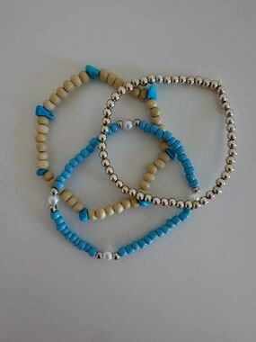Turquoise & Beige Beaded Stretch Bracelet Set